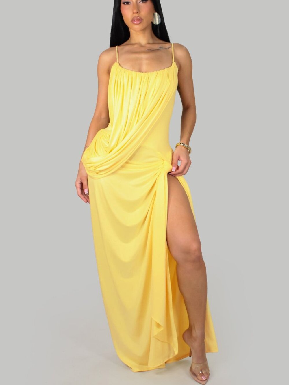 Versona Sexy Slit Maxi Dress- Yellow